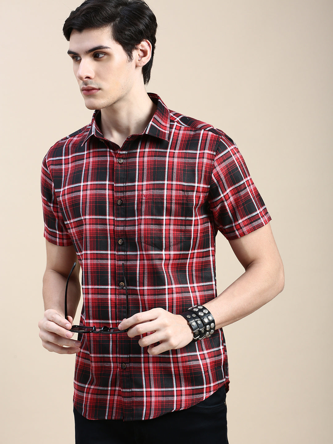 Men Red Checked Casual Shirt