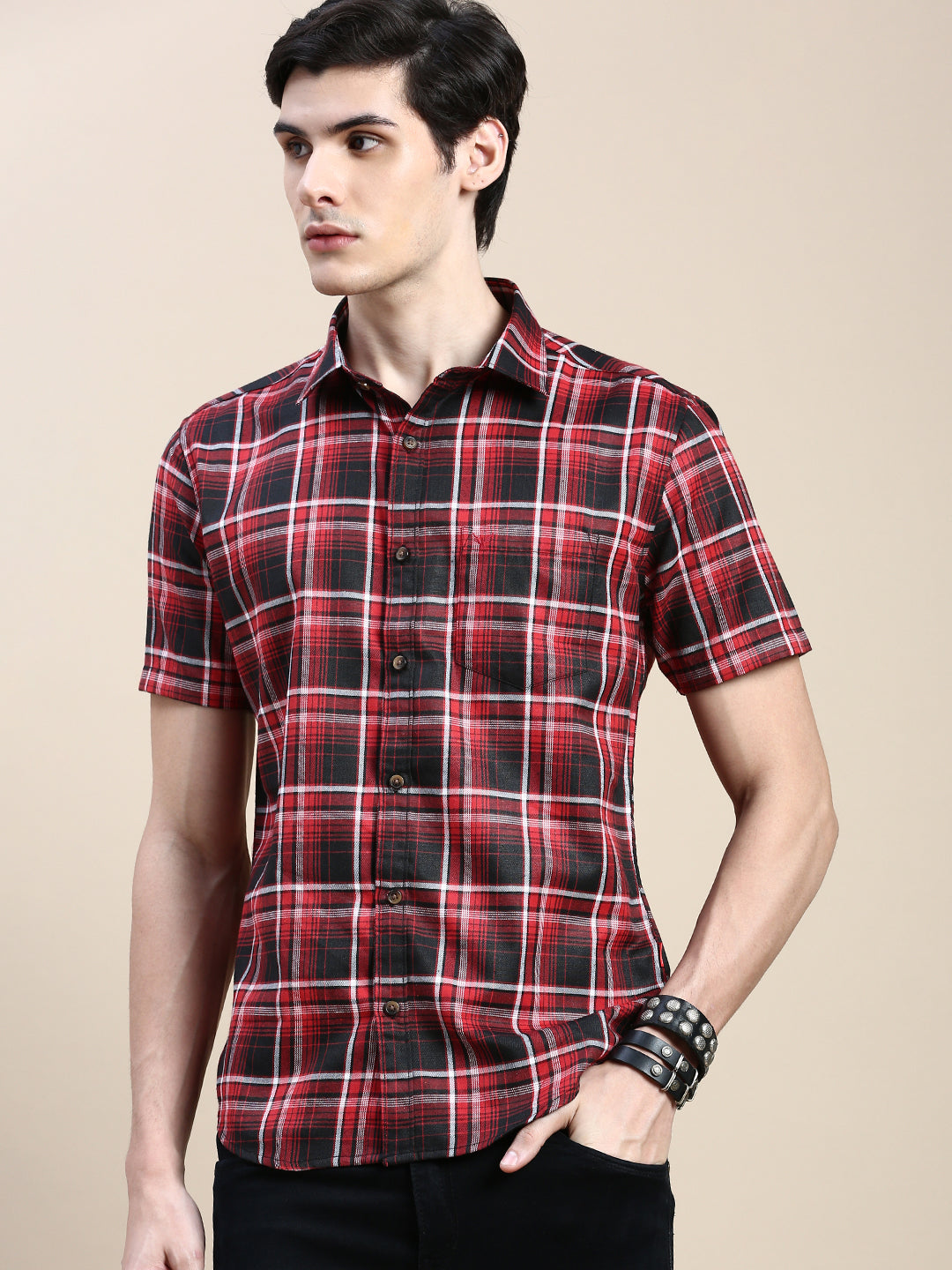 Men Red Checked Casual Shirt