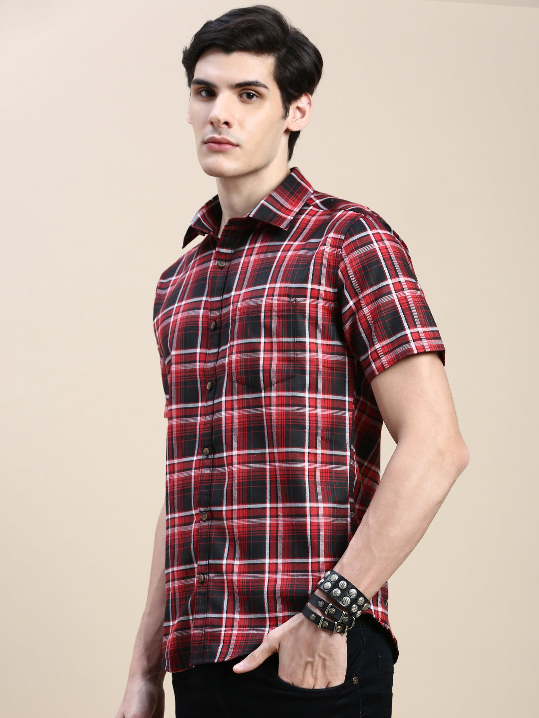 Men Red Checked Casual Shirt