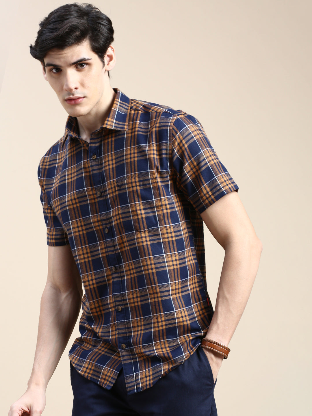 Men Navy Checked Casual Shirt