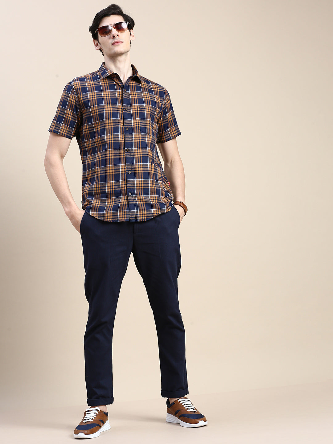 Men Navy Checked Casual Shirt