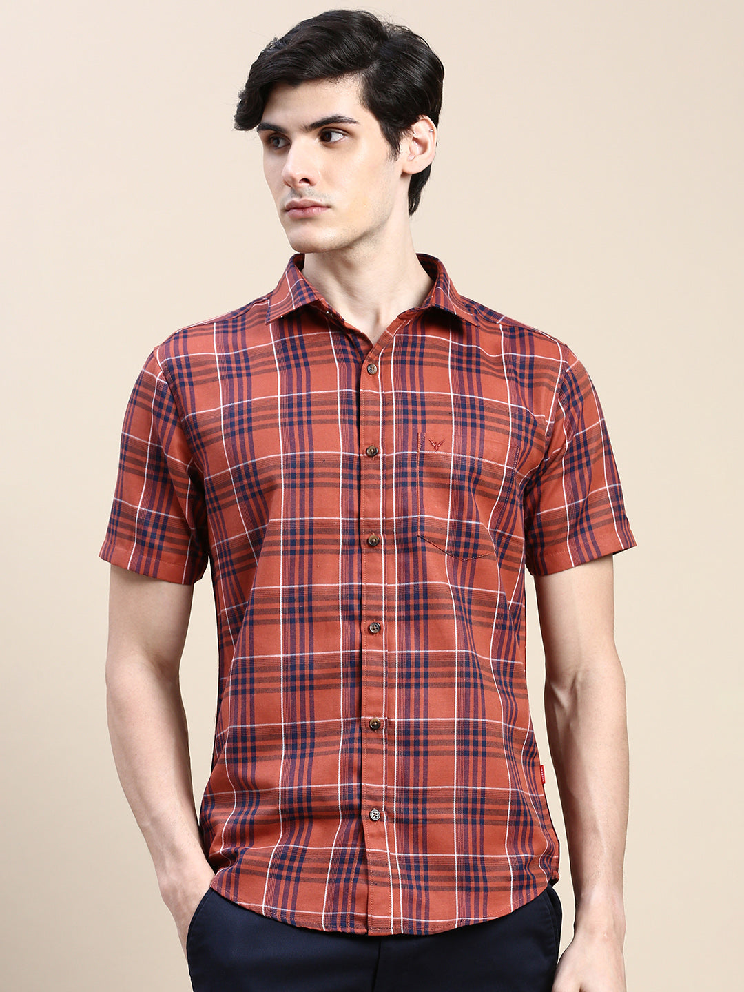 Men Rust Checked Casual Shirt