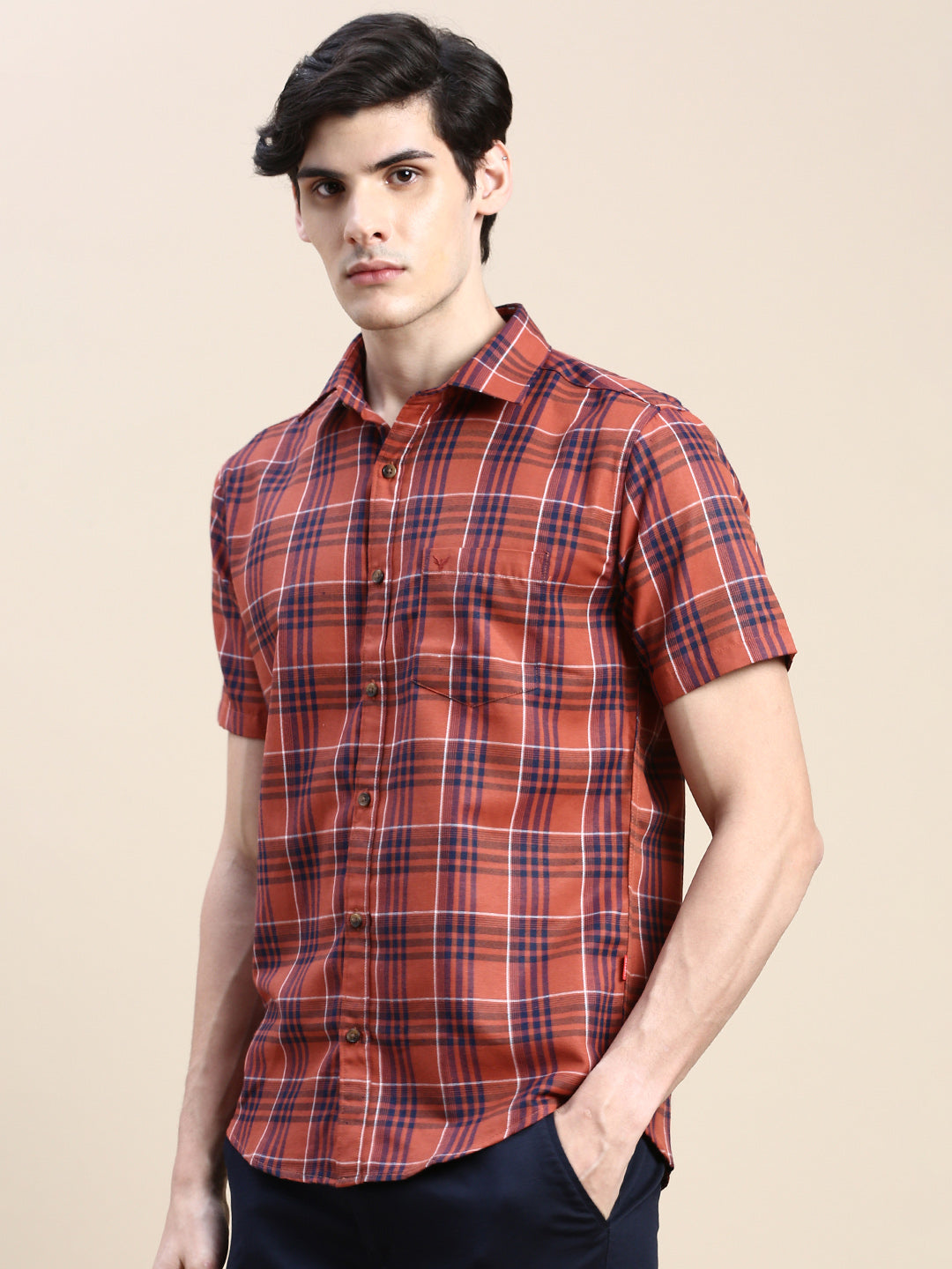 Men Rust Checked Casual Shirt