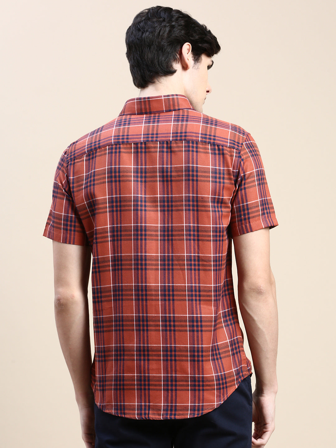 Men Rust Checked Casual Shirt