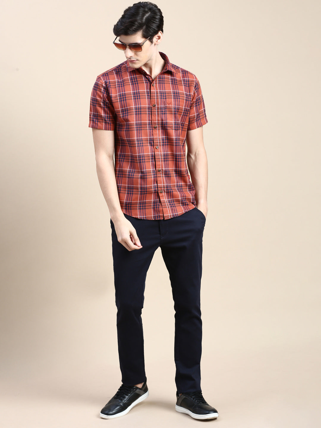 Men Rust Checked Casual Shirt