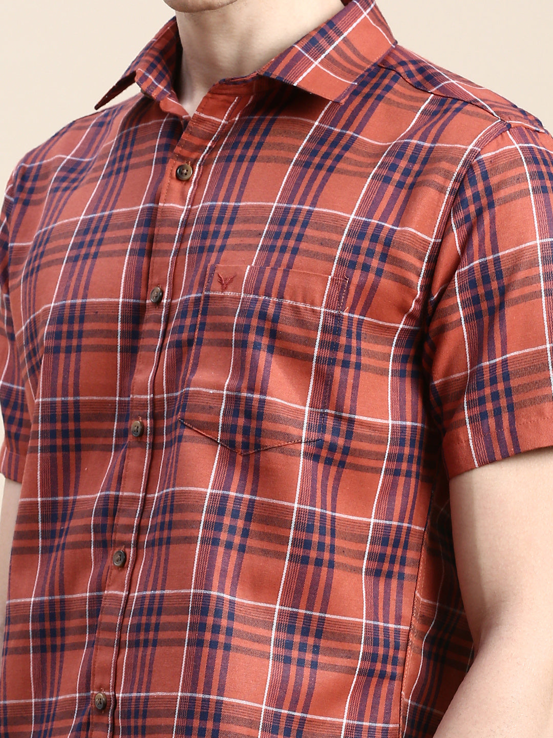 Men Rust Checked Casual Shirt