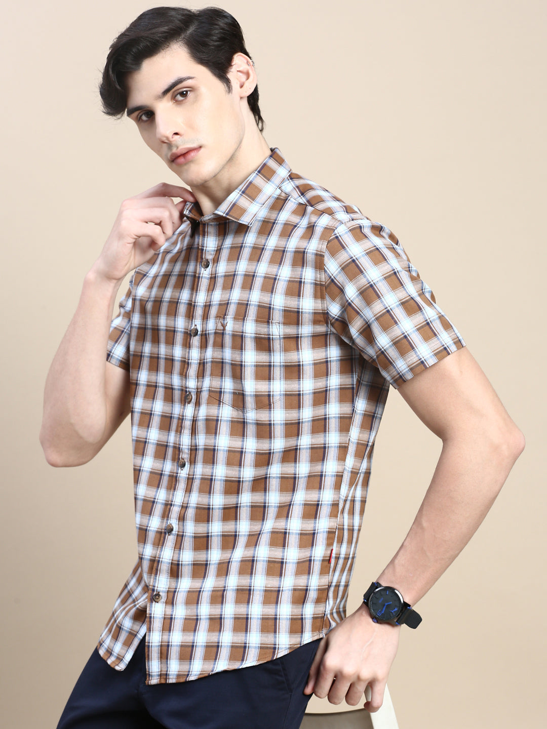 Men Khaki Checked Casual Shirt