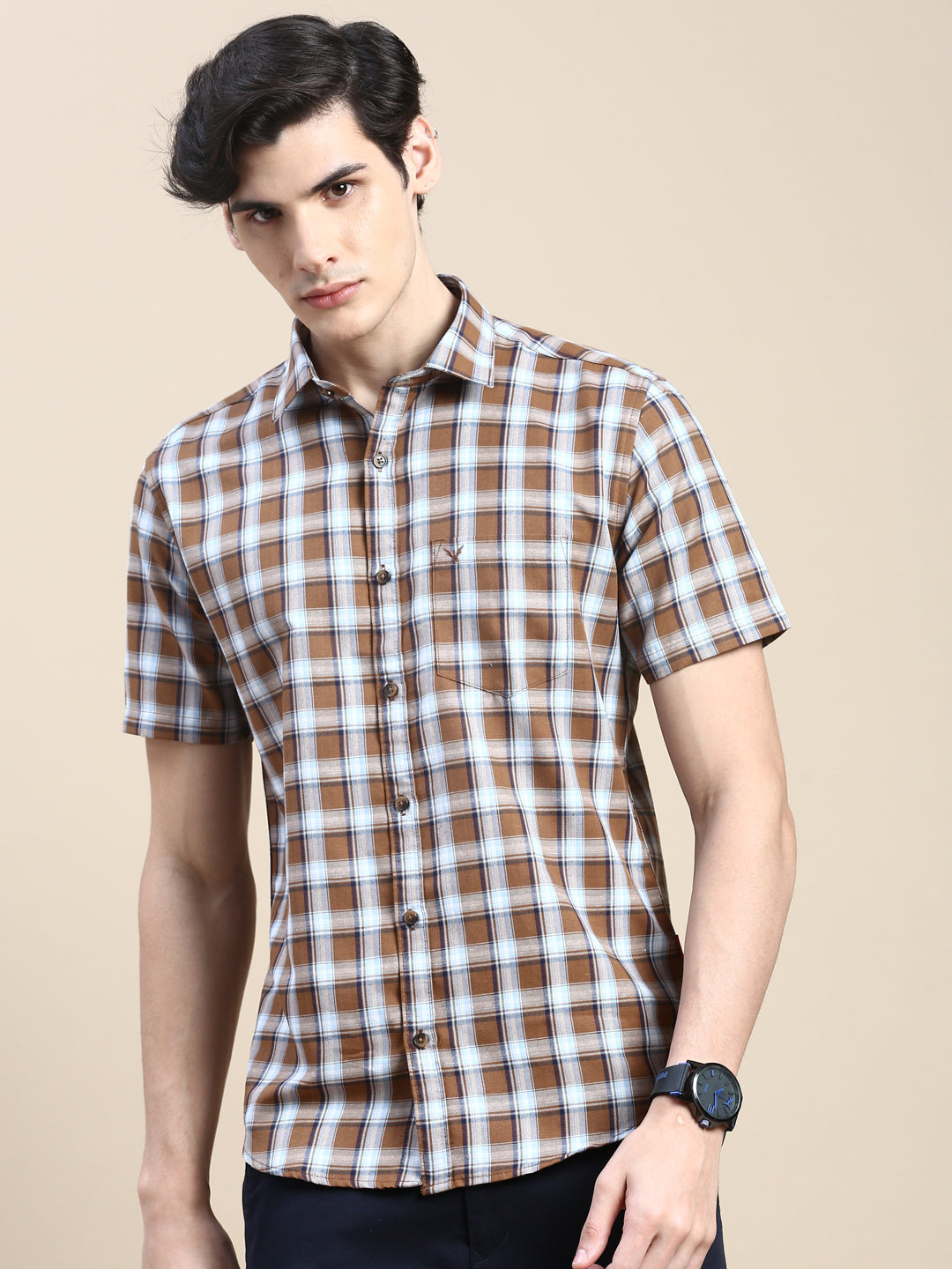 Men Khaki Checked Casual Shirt