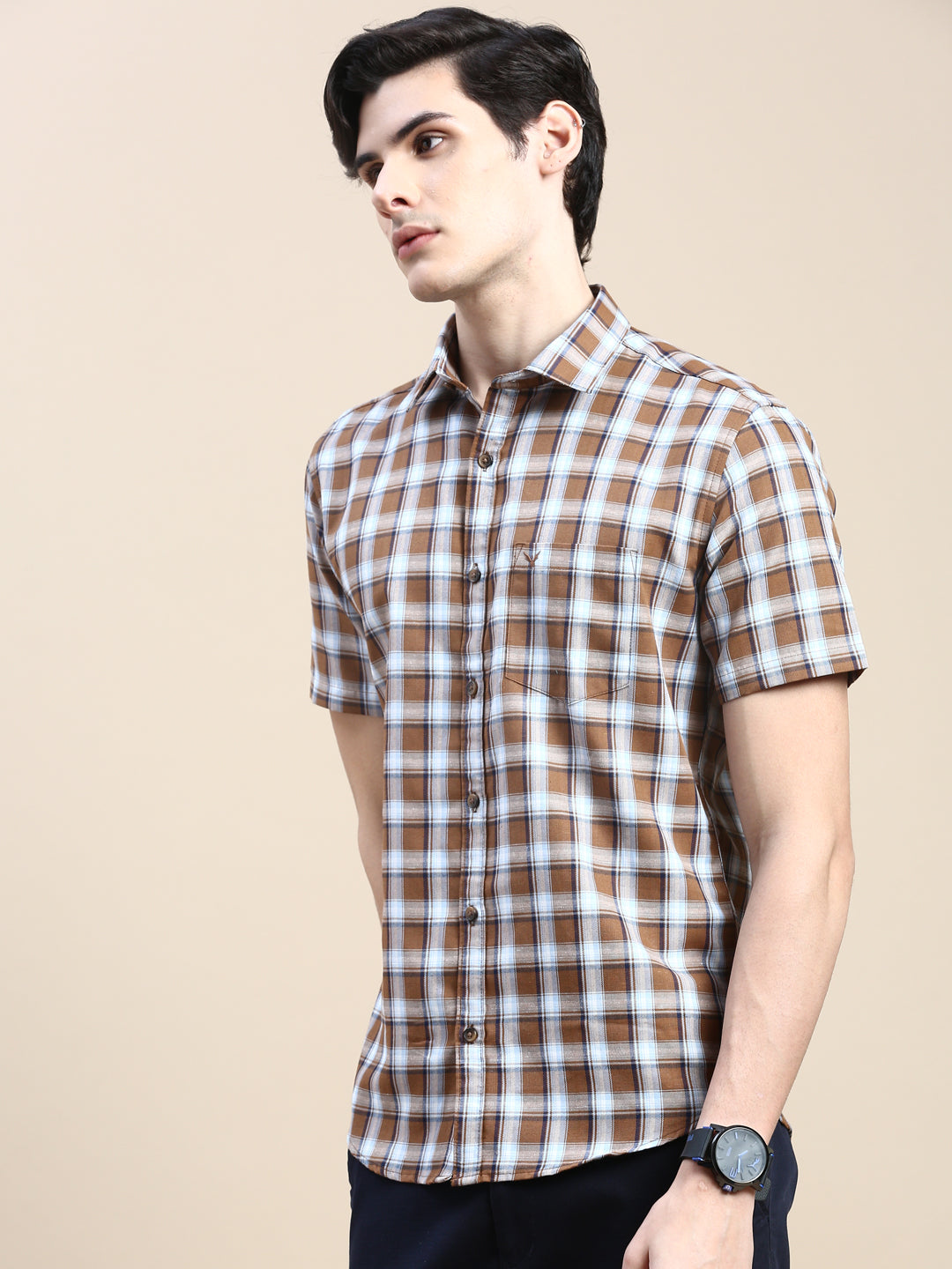 Men Khaki Checked Casual Shirt