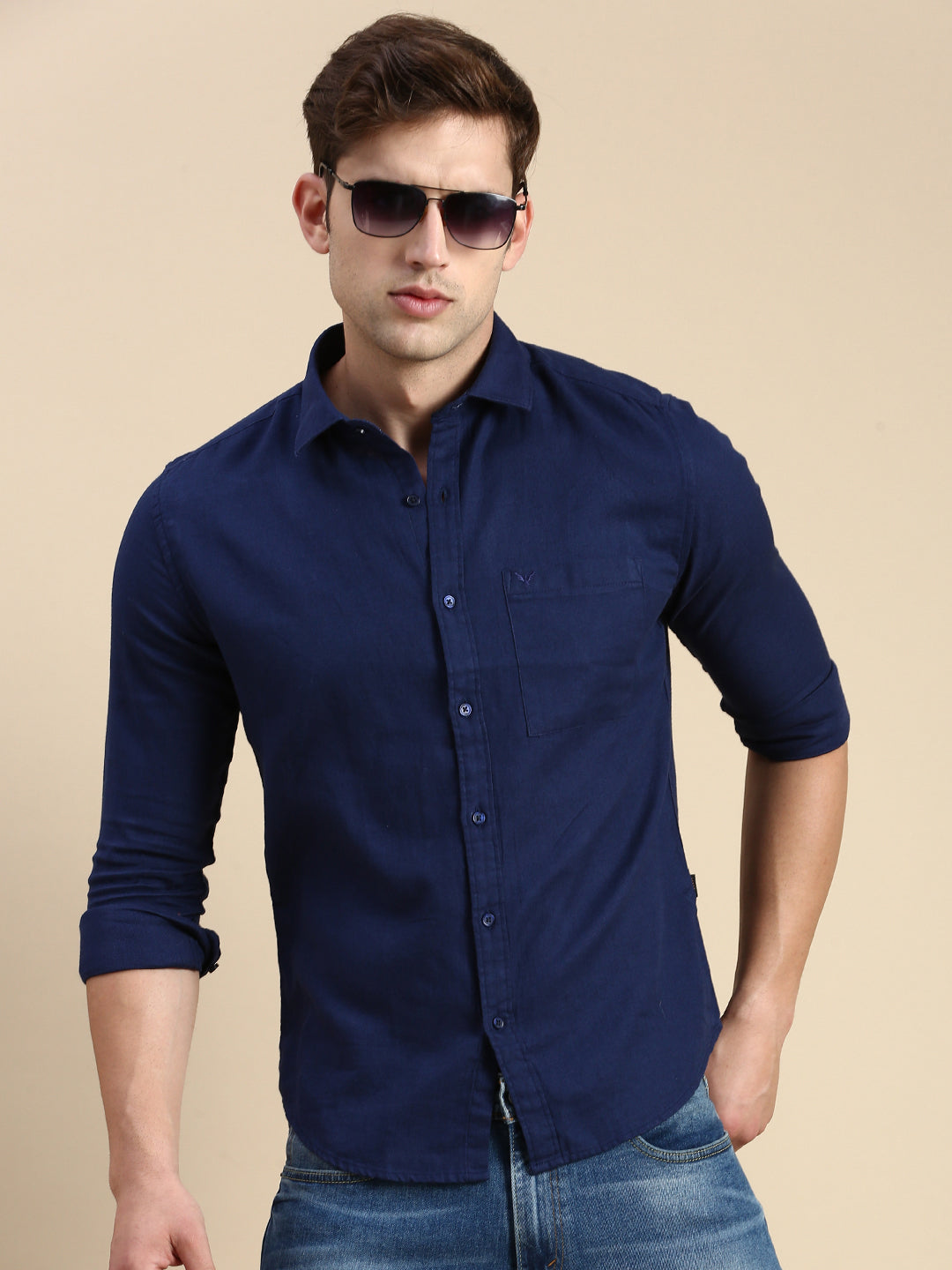 Men Navy Solid Casual Shirt