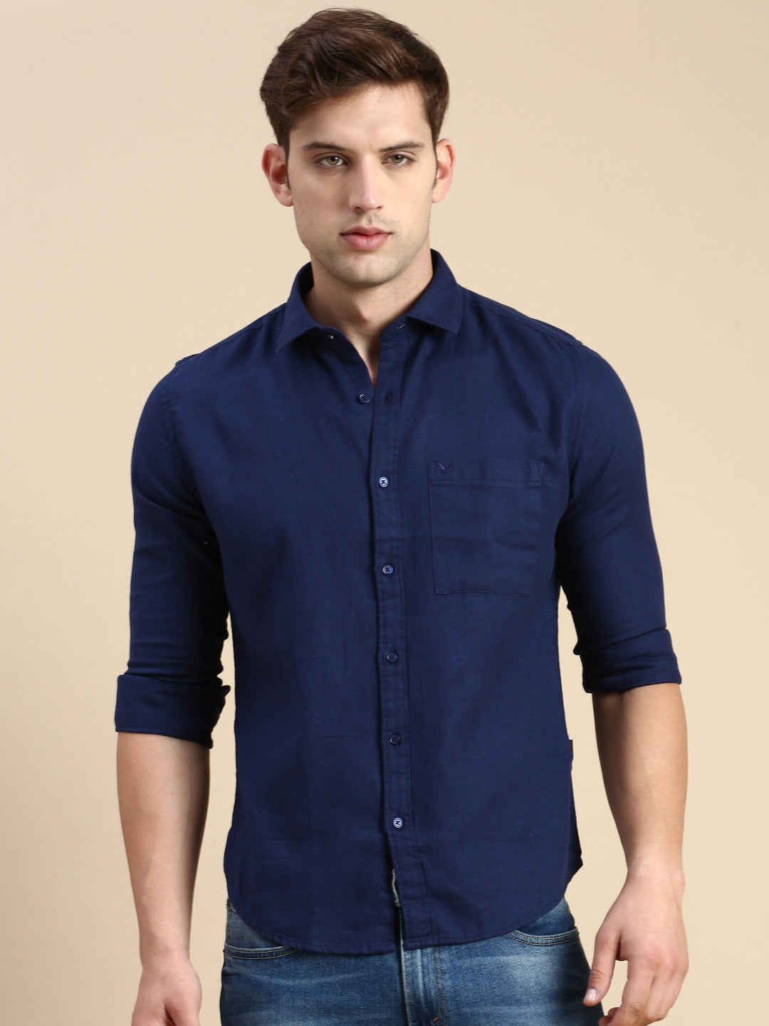 Men Navy Solid Casual Shirt