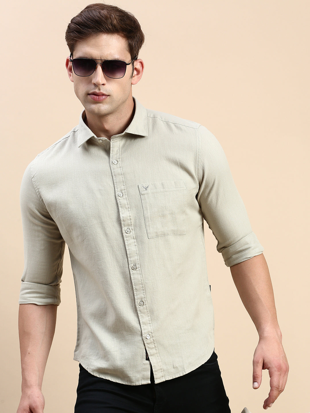 Men Green Solid Casual Shirt