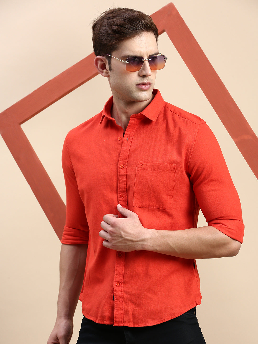 Men Orange Solid Casual Shirt