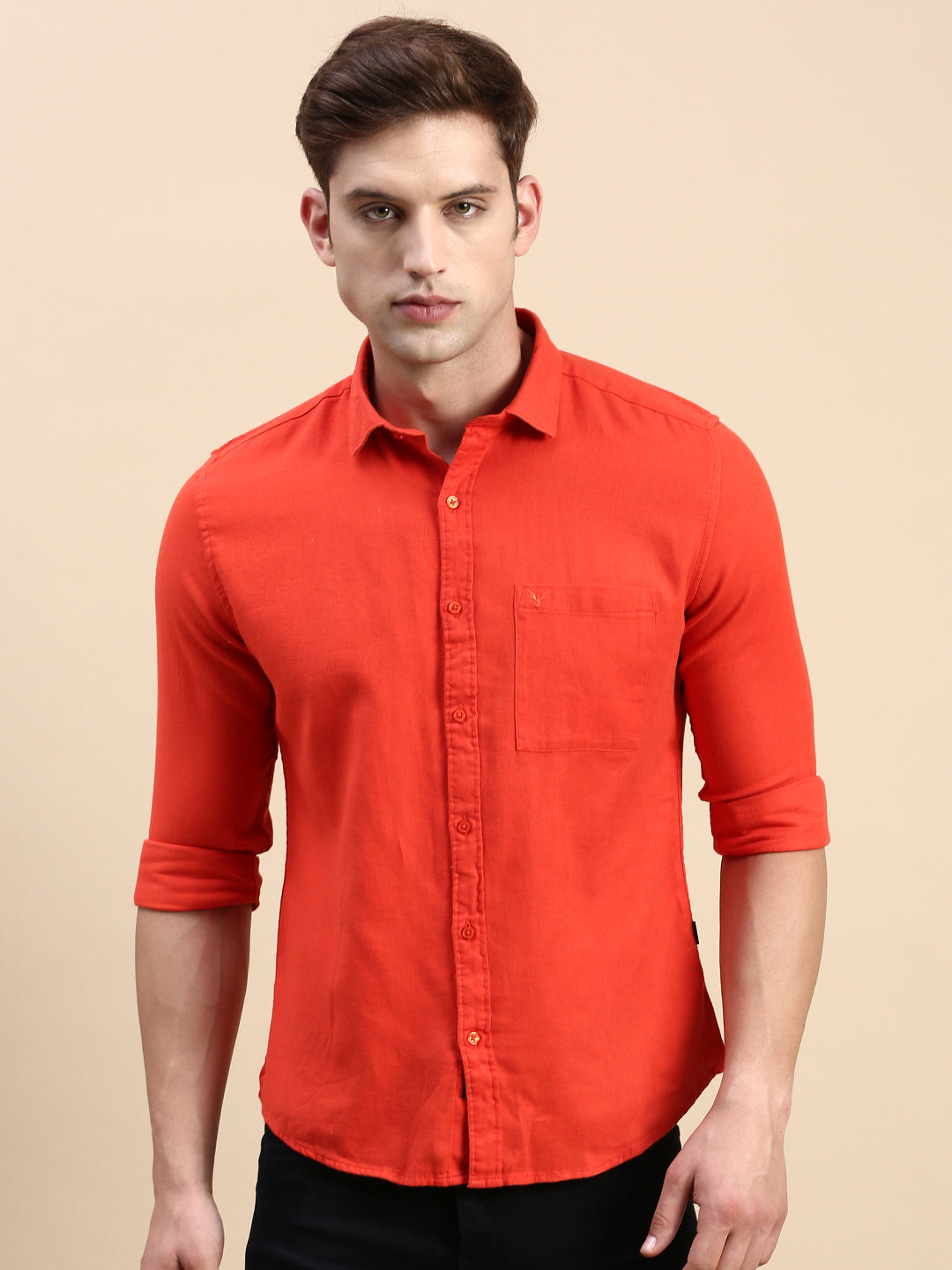 Men Orange Solid Casual Shirt