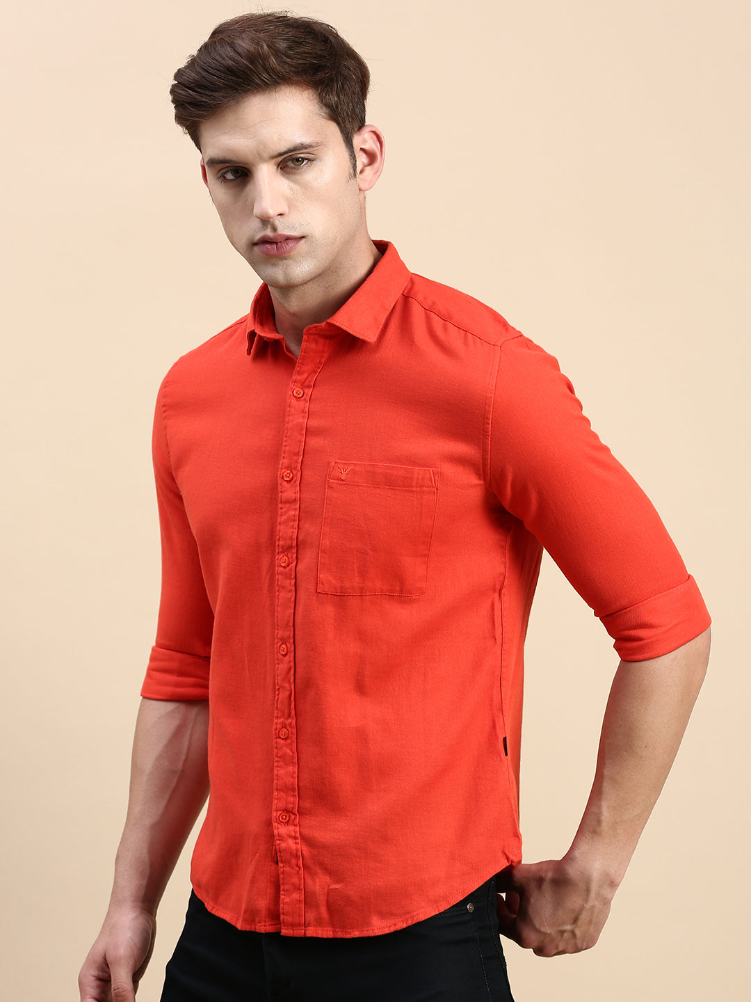 Men Orange Solid Casual Shirt