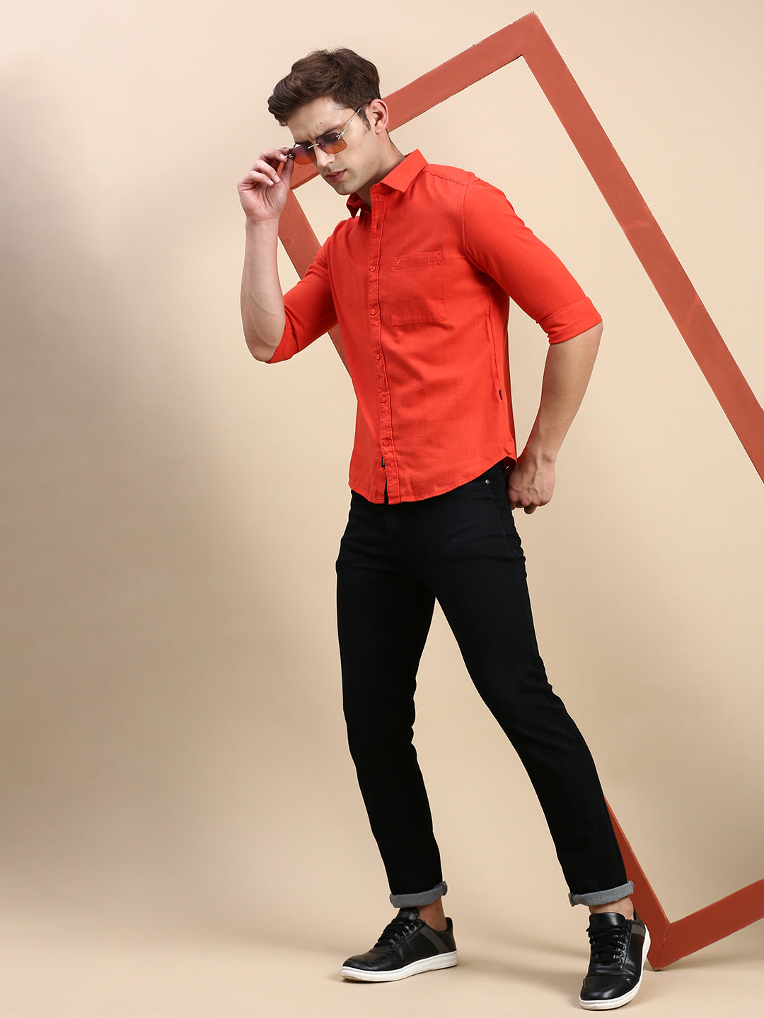 Men Orange Solid Casual Shirt