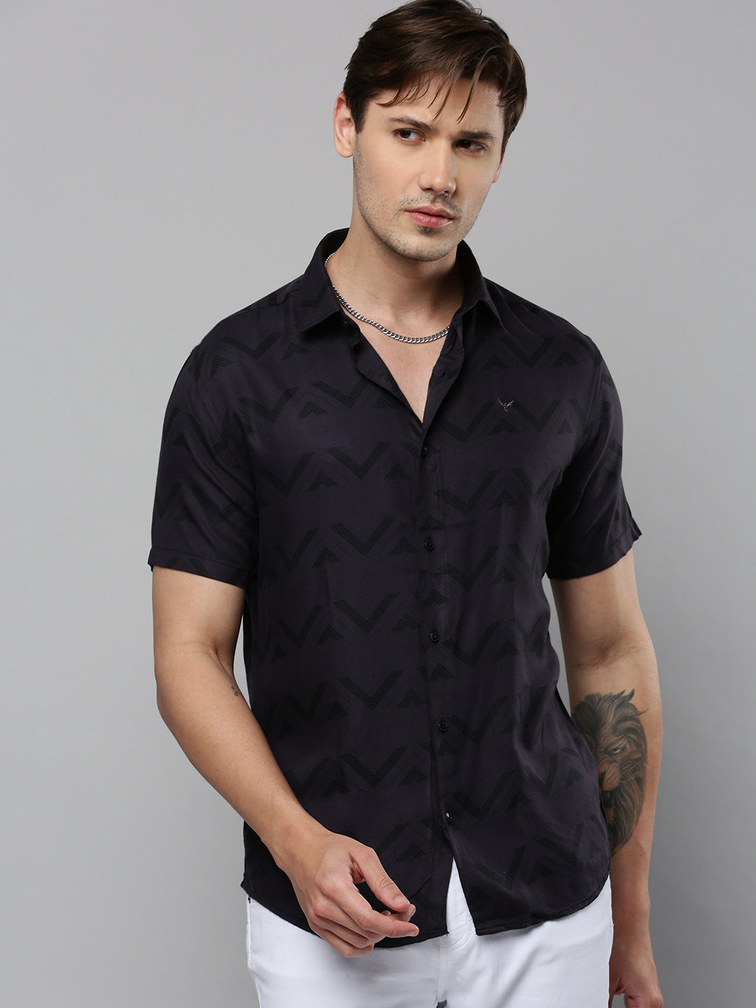 Men Grey Printed Casual Shirt