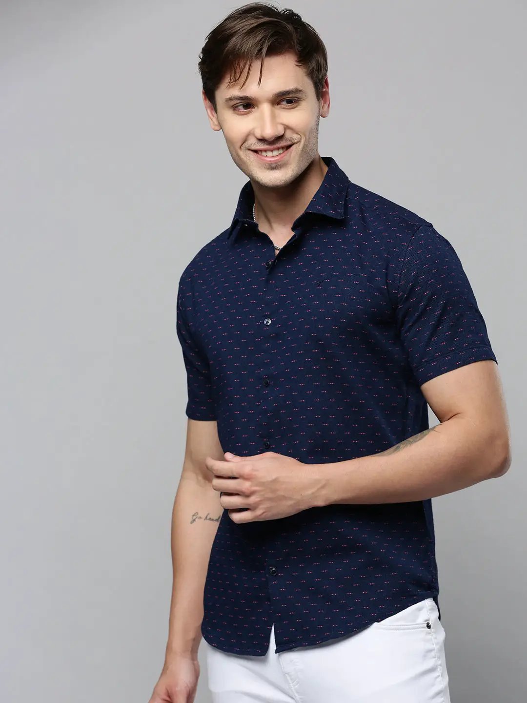Men's Navy Printed Casual Shirt