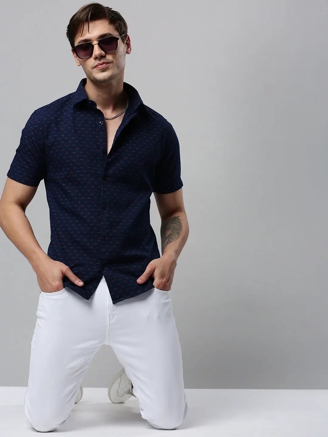 Men's Navy Printed Casual Shirt