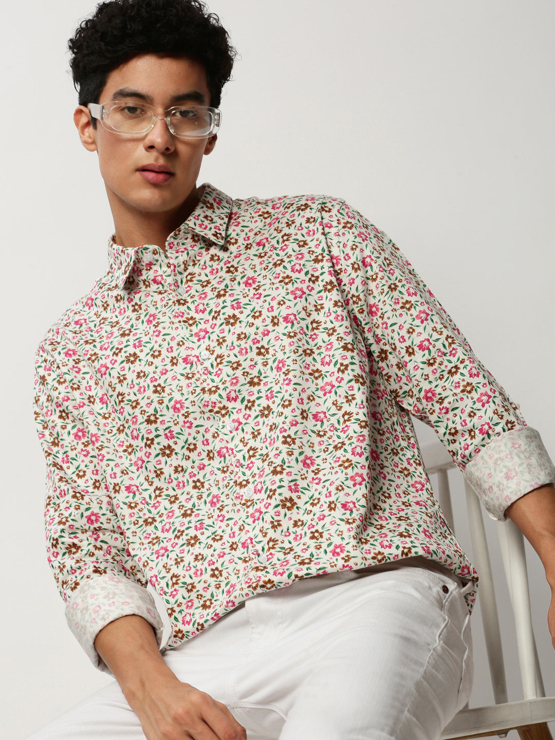 Men White Floral Casual Casual Shirts