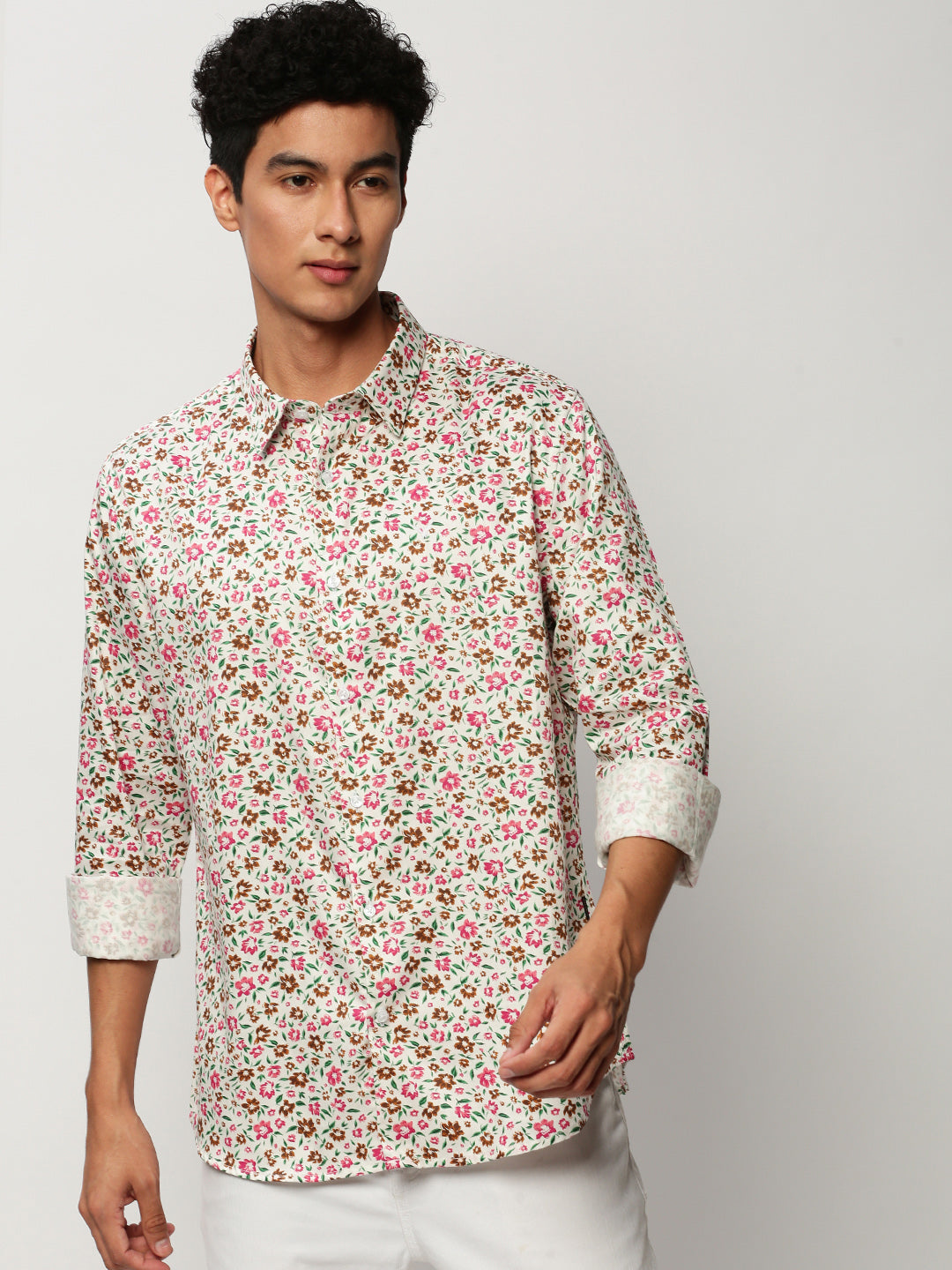 Men White Floral Casual Casual Shirts