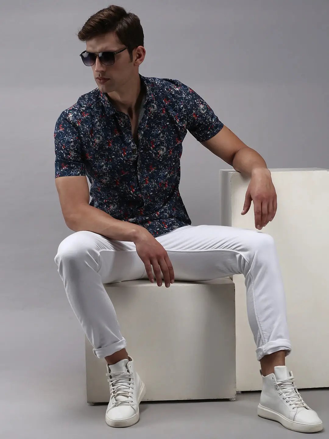 Men's Blue Printed Casual Shirt