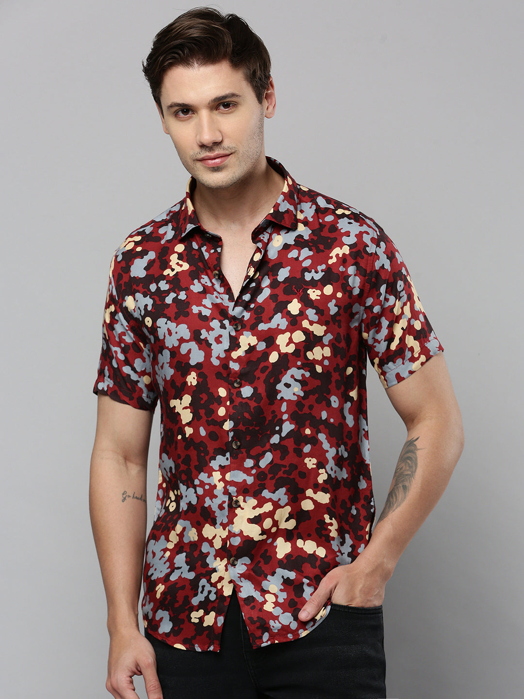 Men Maroon Printed Casual Shirt