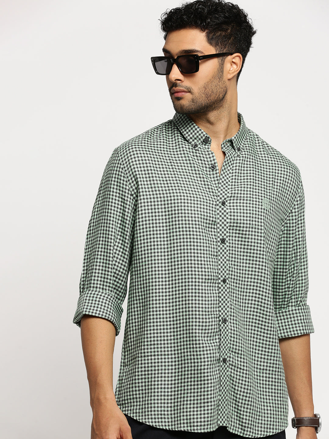 Men Green Spread Collar Gingham Checks Shirt