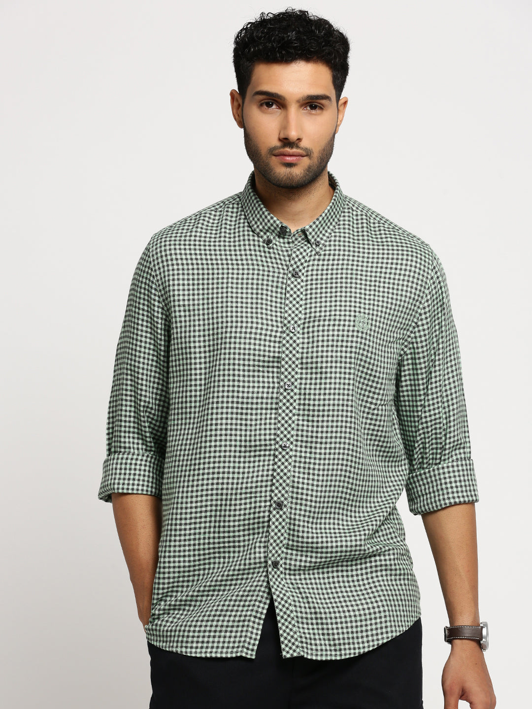 Men Green Spread Collar Gingham Checks Shirt