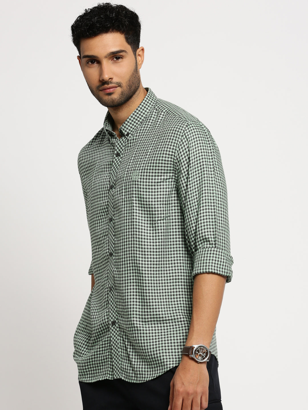 Men Green Spread Collar Gingham Checks Shirt