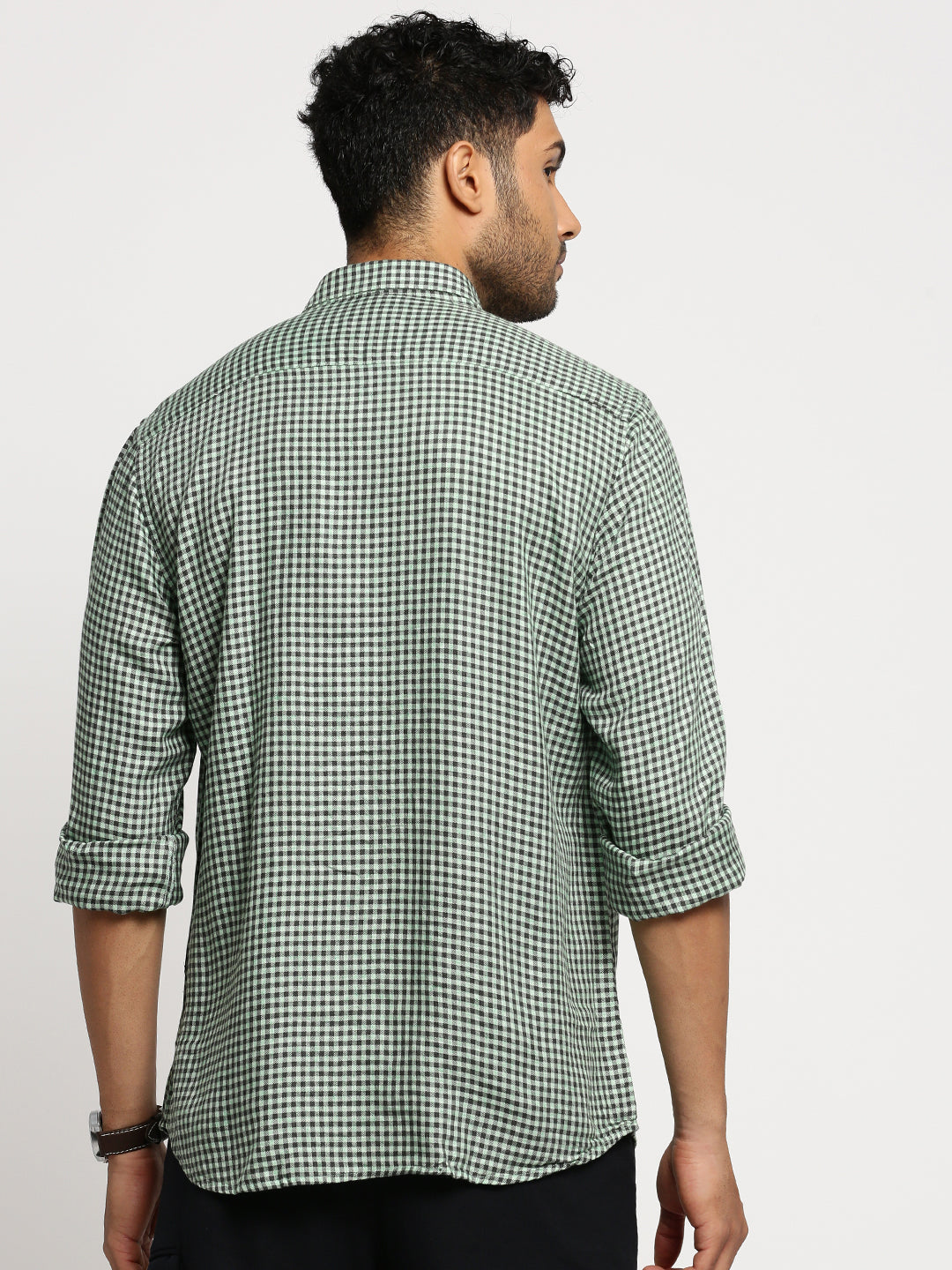 Men Green Spread Collar Gingham Checks Shirt