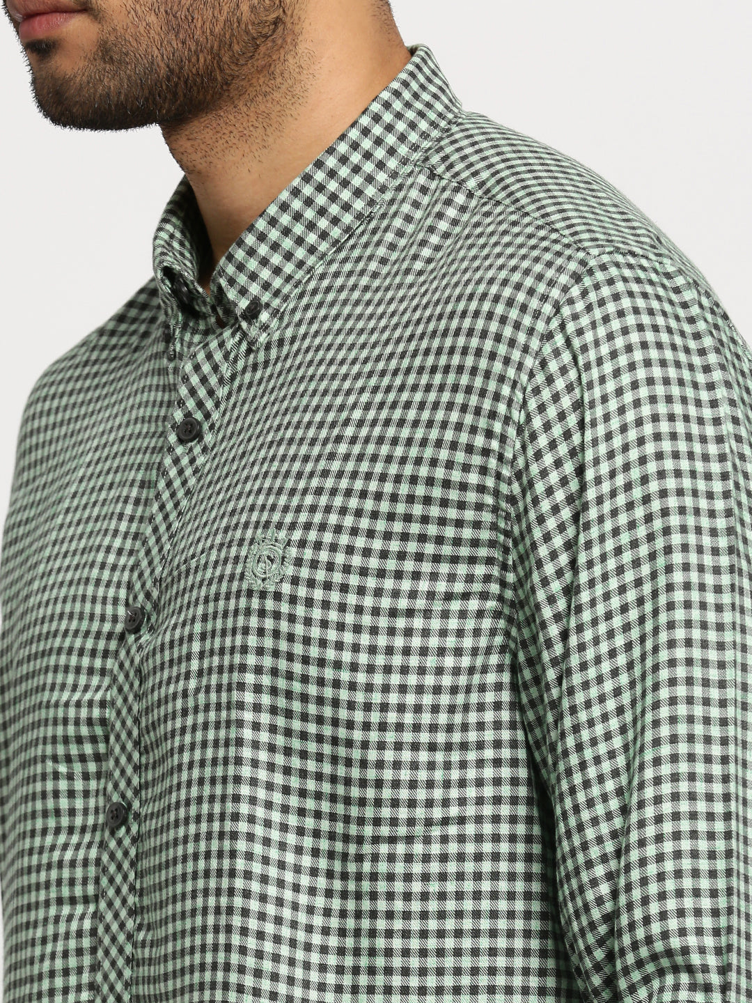 Men Green Spread Collar Gingham Checks Shirt