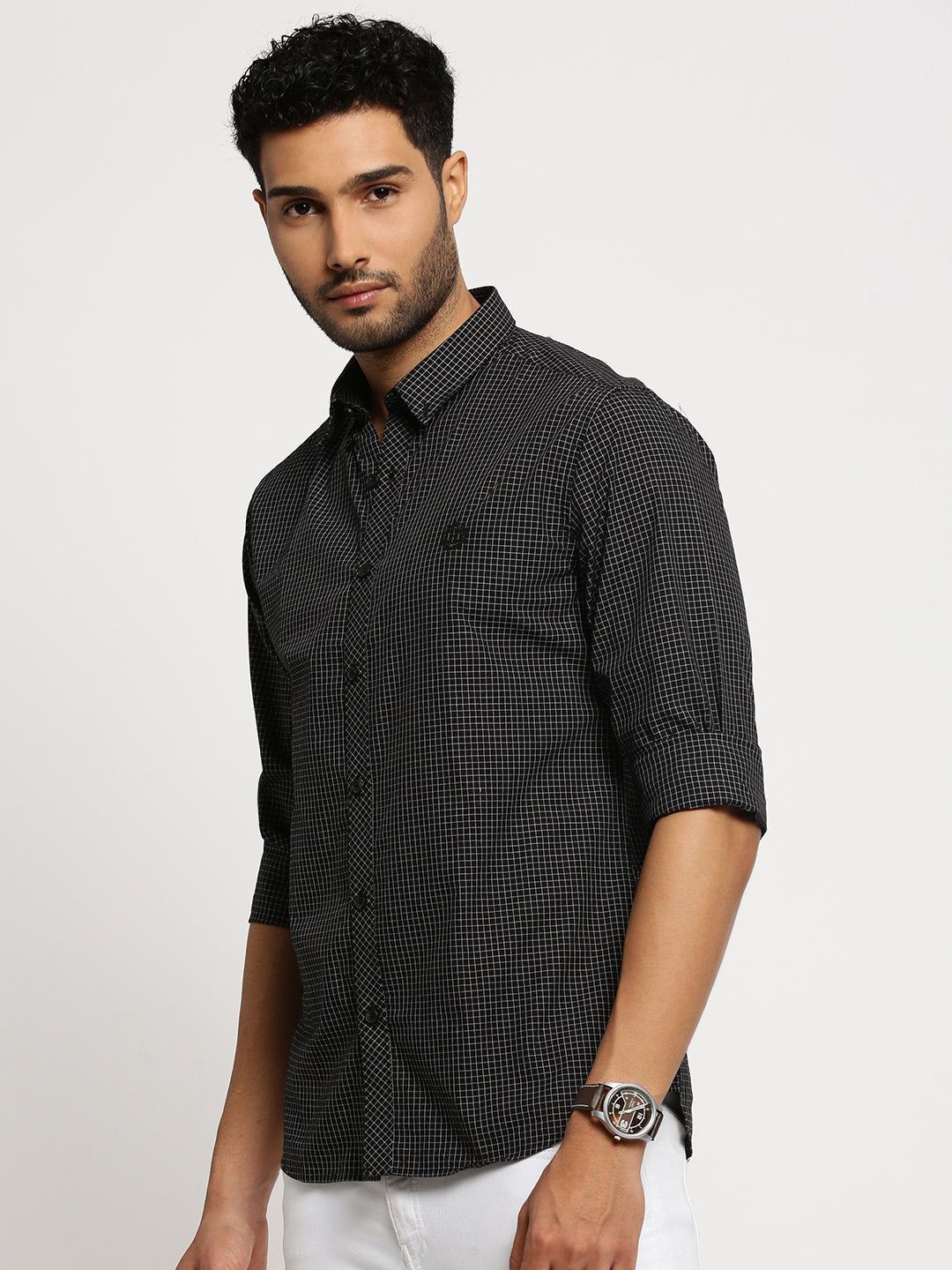 Men Black Spread Collar Micro Checks Shirt