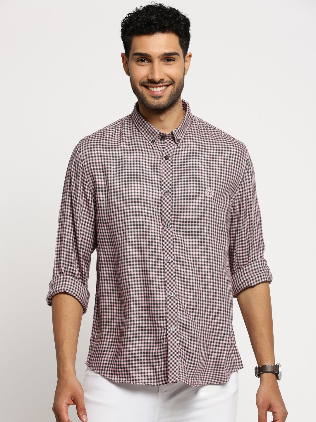 Men Pink Spread Collar Gingham Checks Shirt