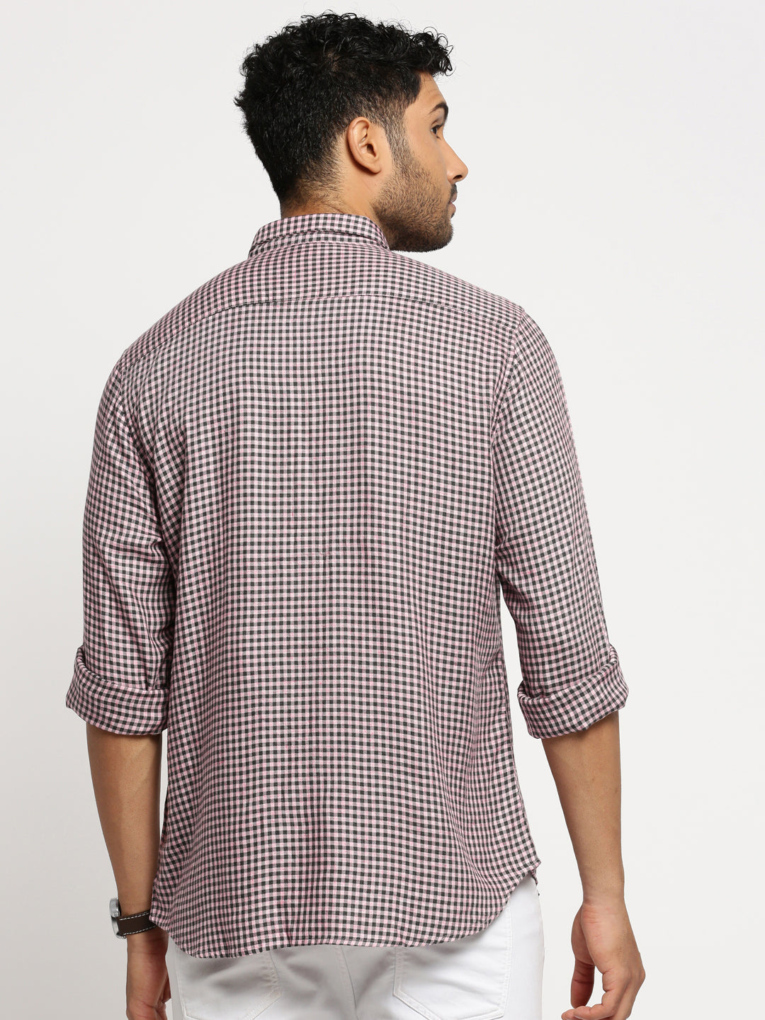 Men Pink Spread Collar Gingham Checks Shirt