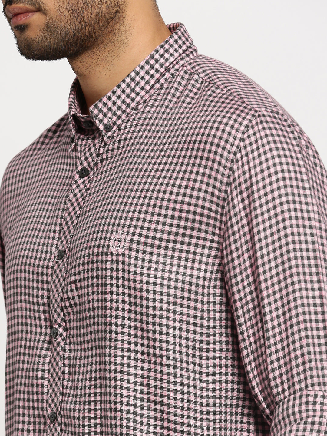 Men Pink Spread Collar Gingham Checks Shirt