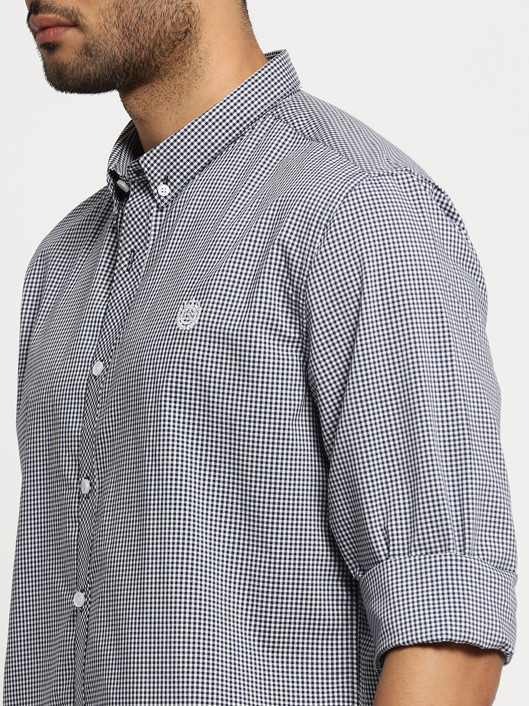 Men Black Spread Collar Gingham Checks Shirt