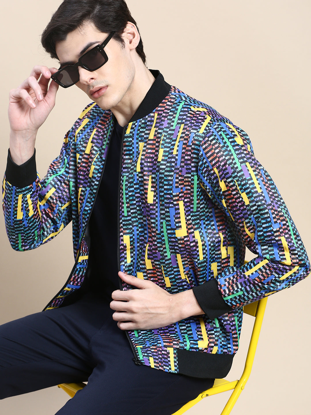 Men Blue Printed Casual Bomber Jacket