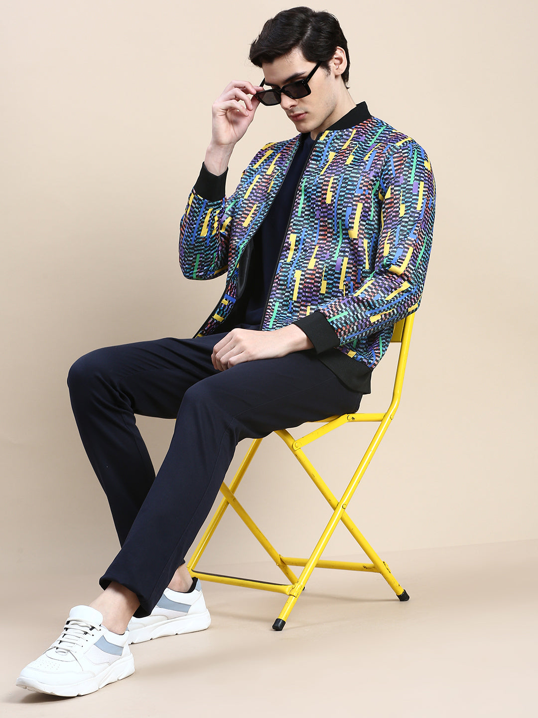 Men Blue Printed Casual Bomber Jacket