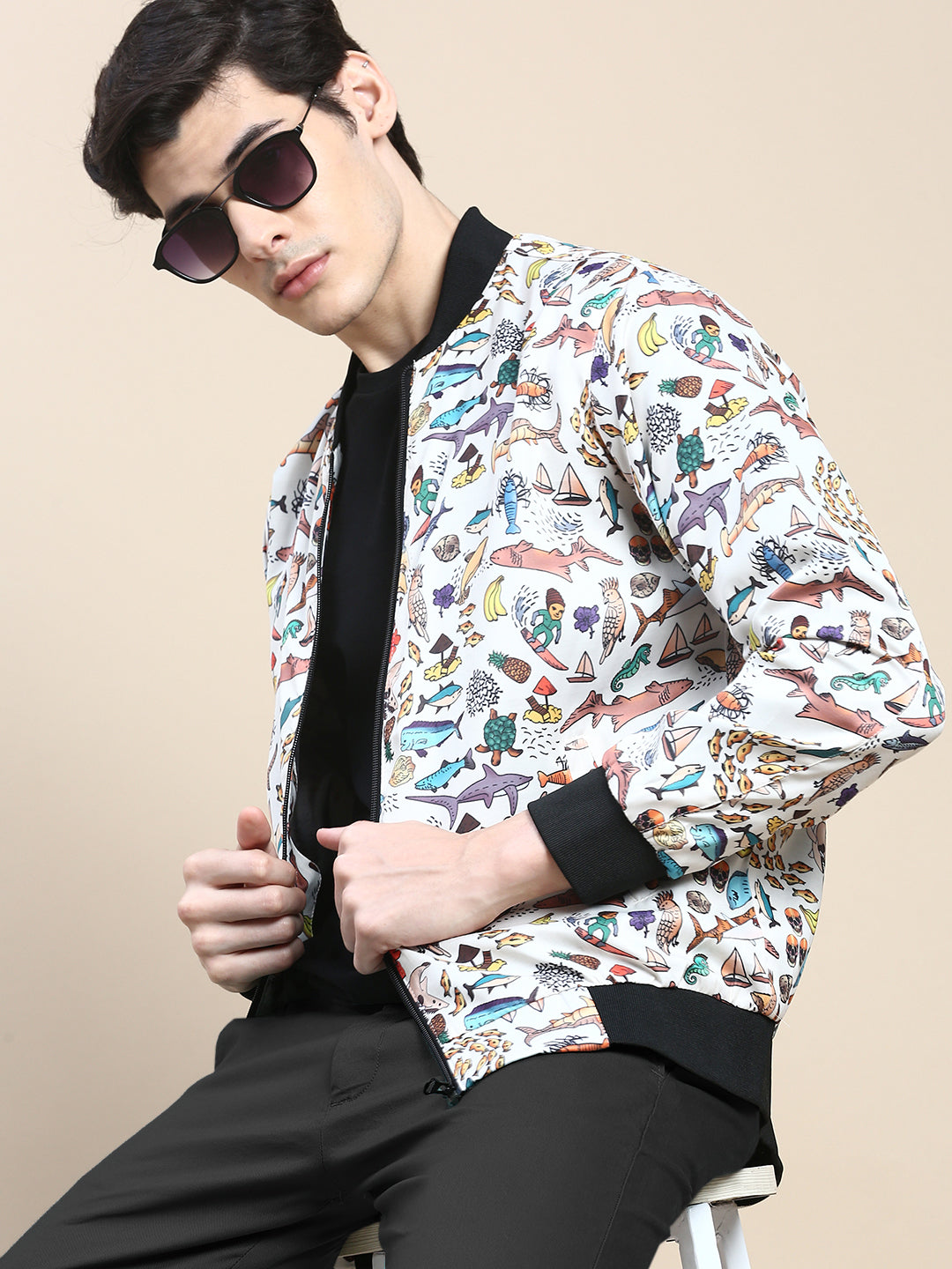 Men Cream Printed Casual Bomber Jacket