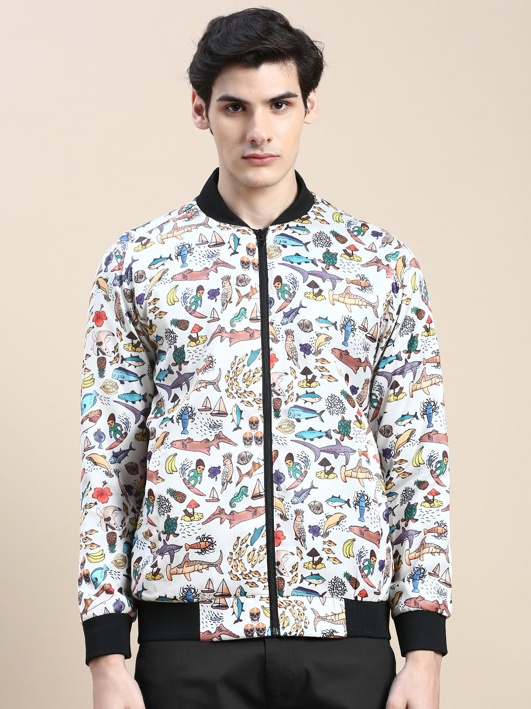 Men Cream Printed Casual Bomber Jacket