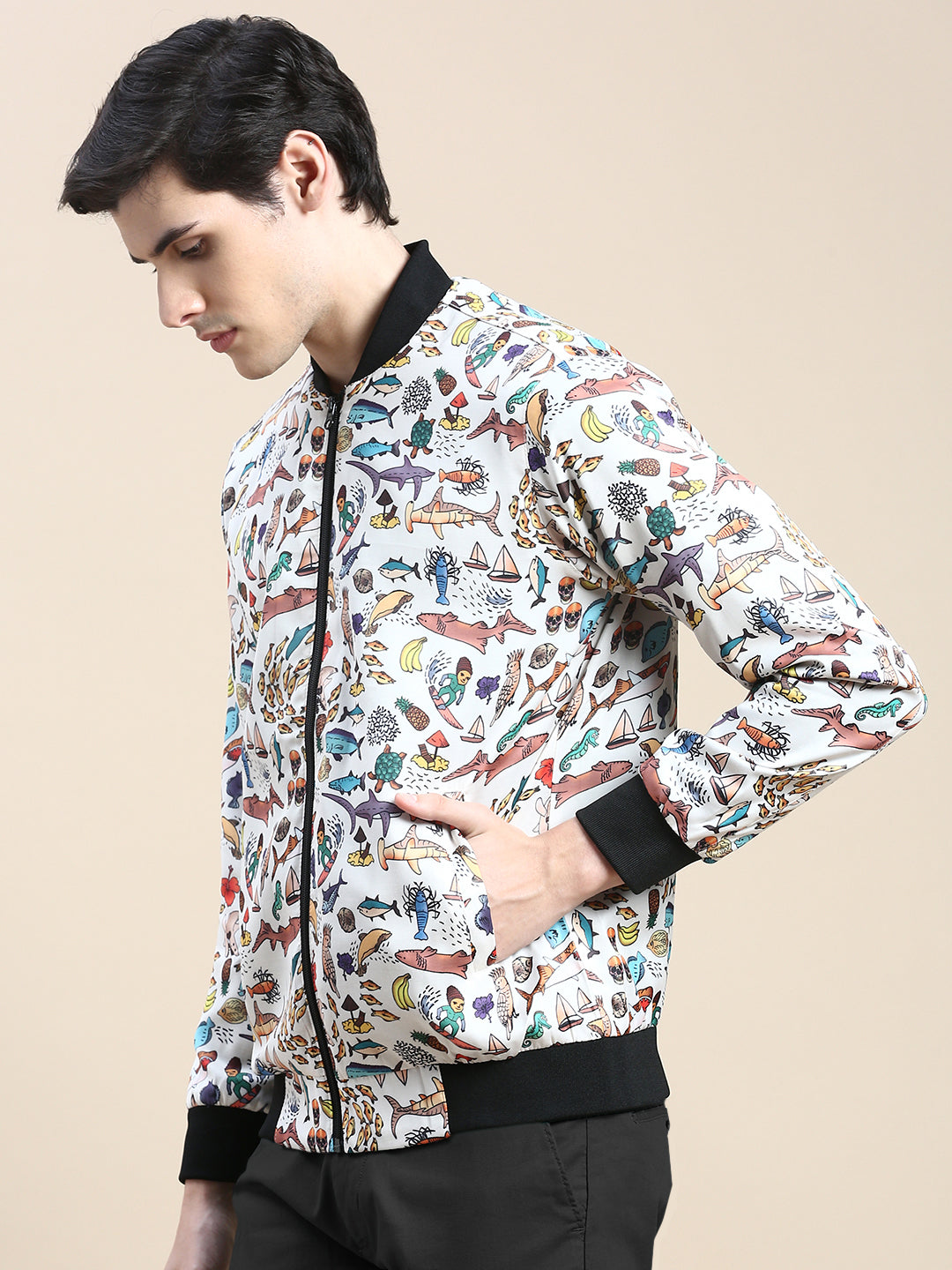 Men Cream Printed Casual Bomber Jacket