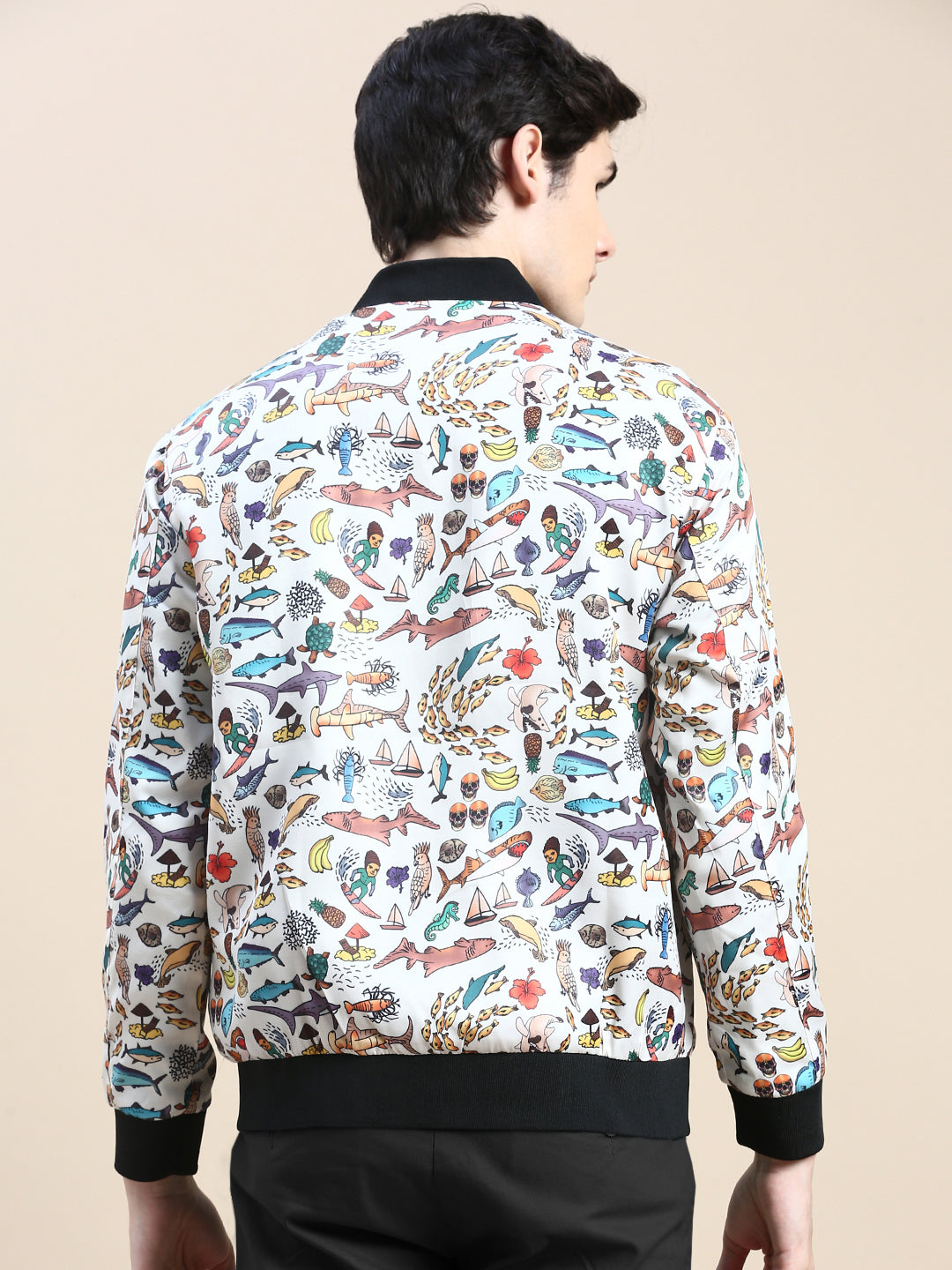 Men Cream Printed Casual Bomber Jacket