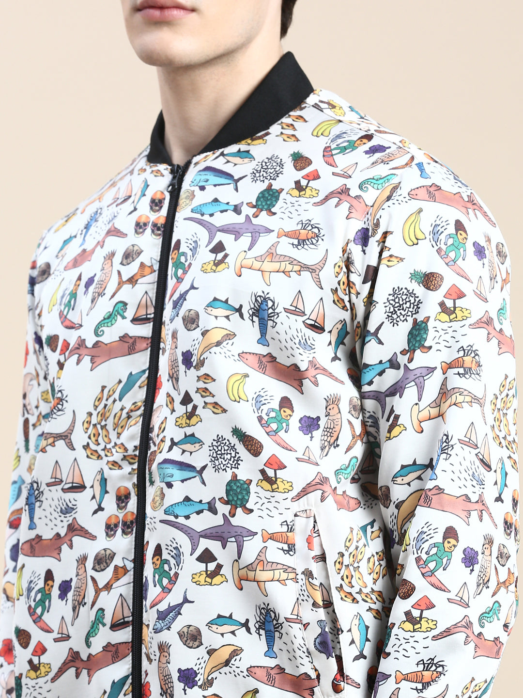 Men Cream Printed Casual Bomber Jacket