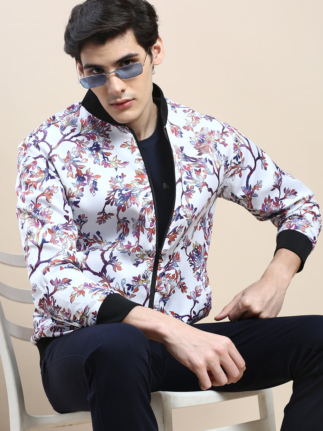 Men White Floral Casual Bomber Jacket