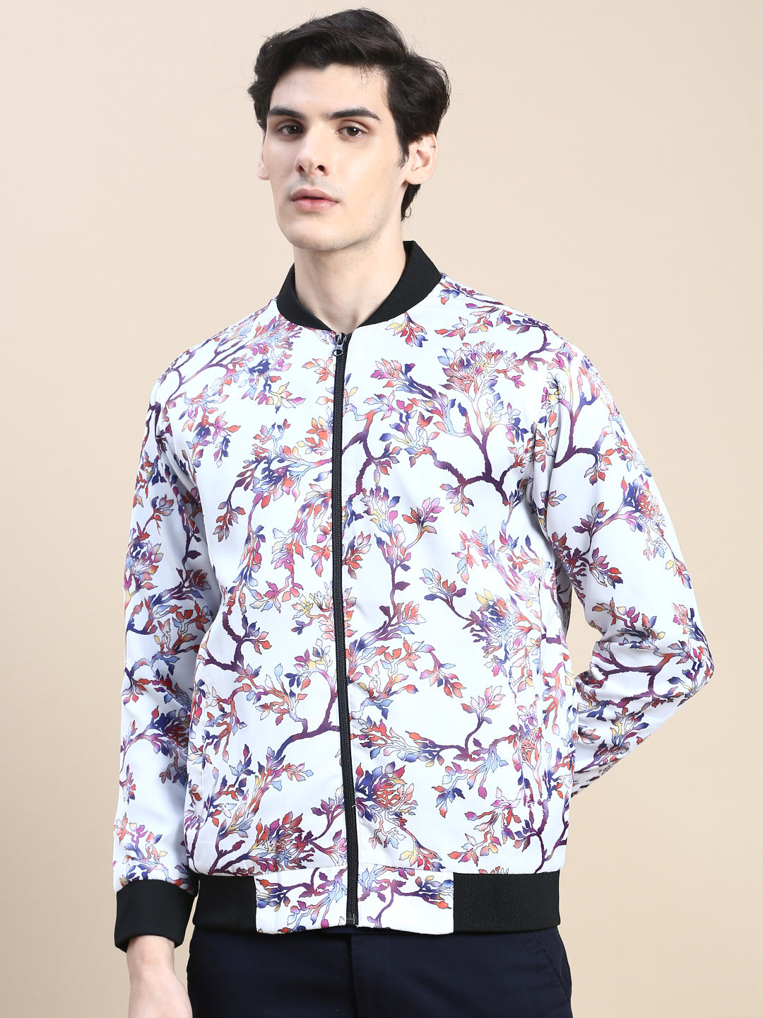 Men White Floral Casual Bomber Jacket