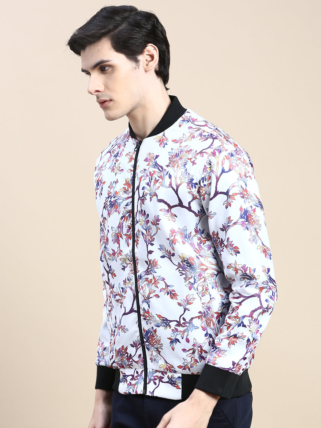 Men White Floral Casual Bomber Jacket