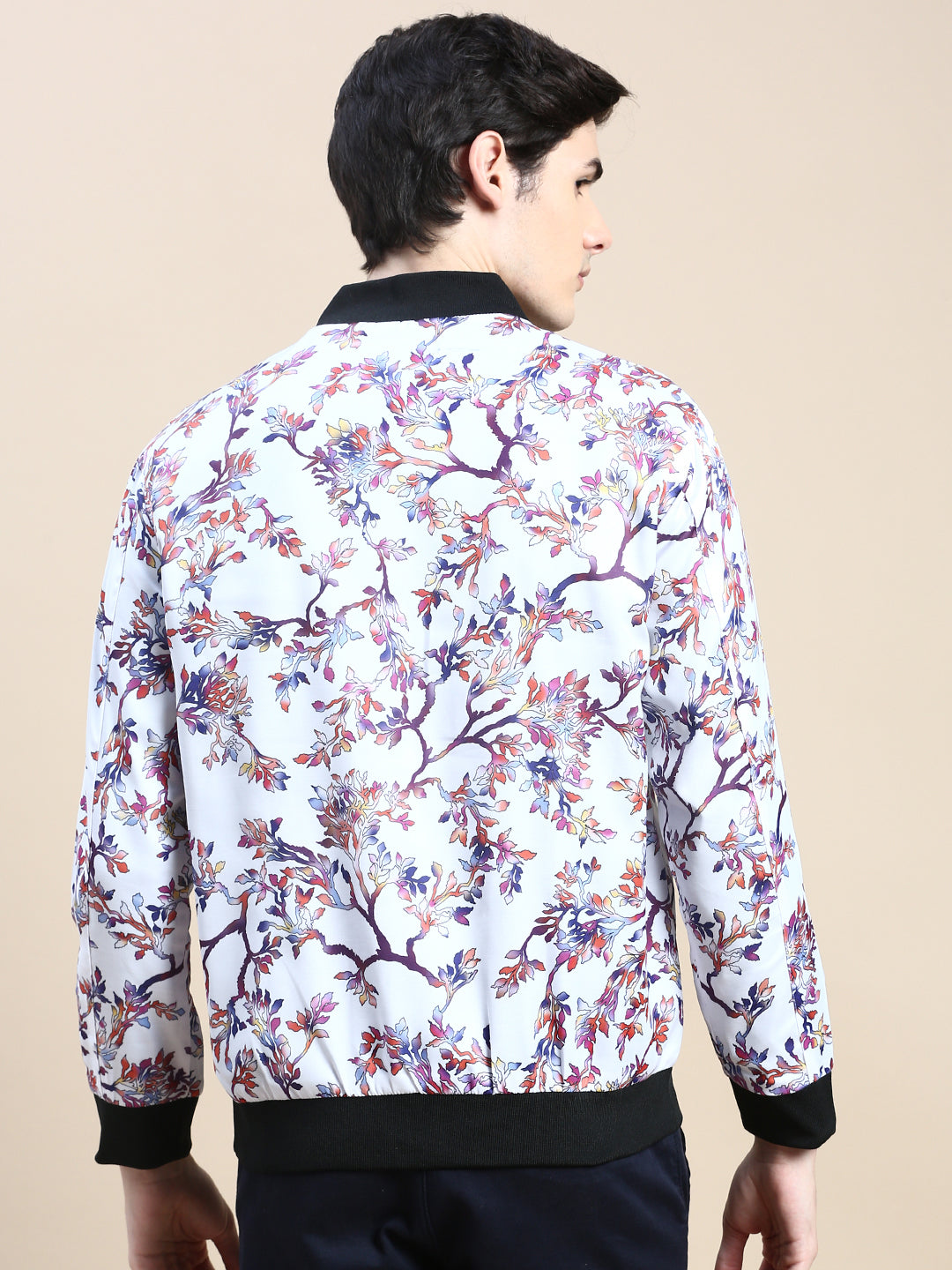 Men White Floral Casual Bomber Jacket