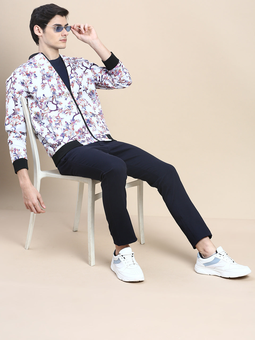 Men White Floral Casual Bomber Jacket