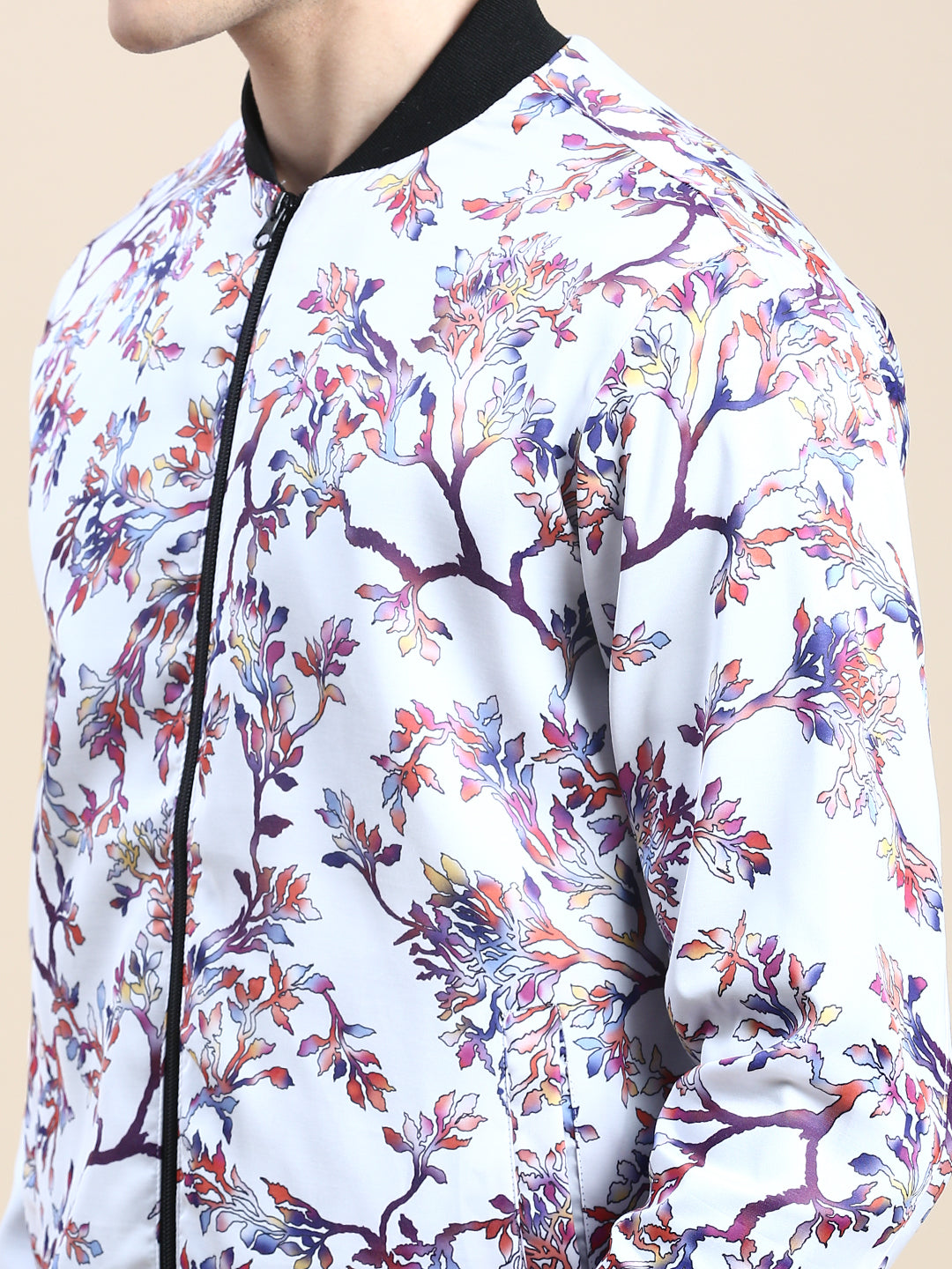 Men White Floral Casual Bomber Jacket